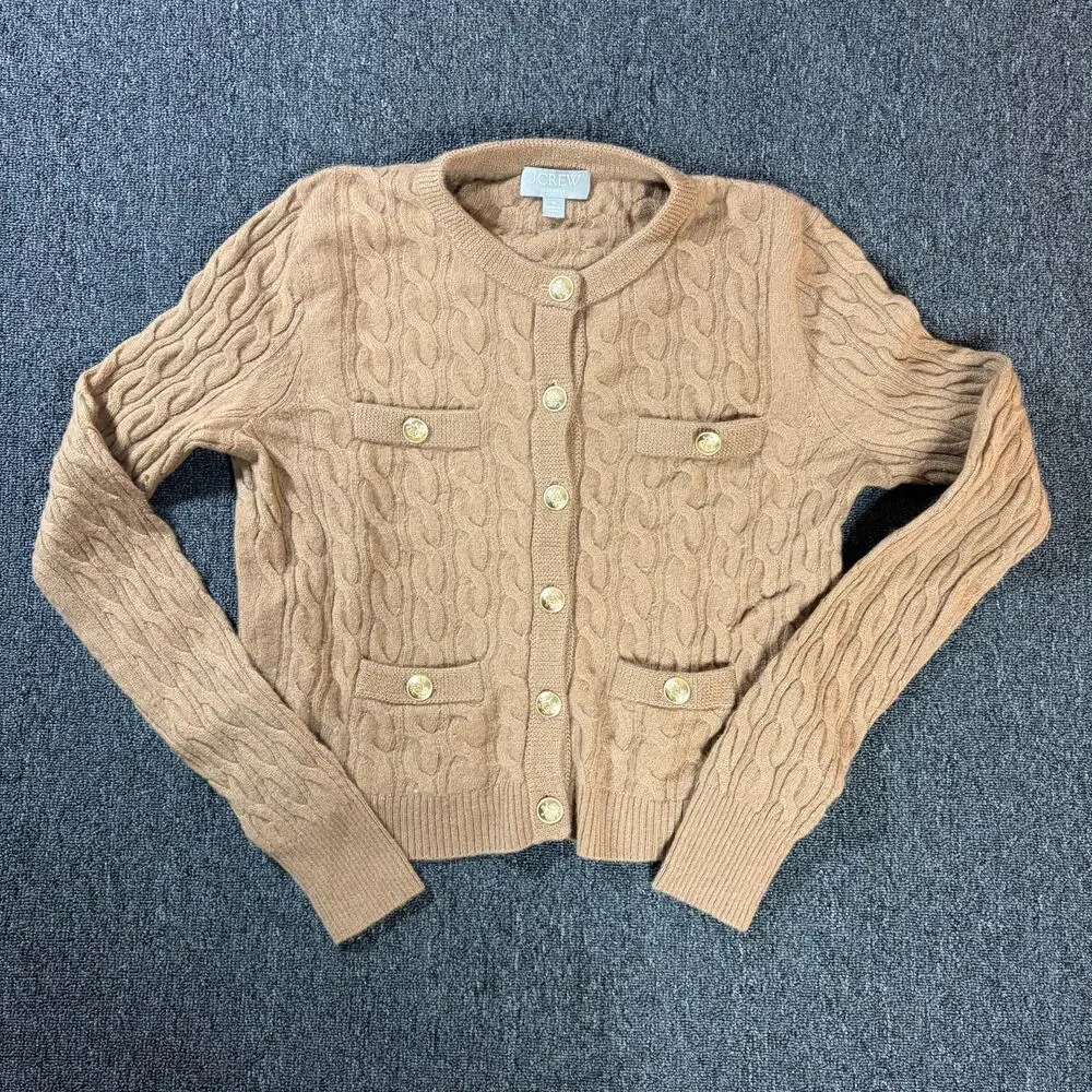 Vintage Y2k J.Crew Cashmere Brown Cable-Knit Button Front Cardigan Sweater M